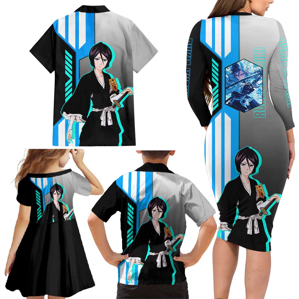 Rukia Kuchiki from Bleach Family Matching Long Sleeve Bodycon Dress and Hawaiian Shirt with Sword and Ice Powers Pose Design - The Mazicc