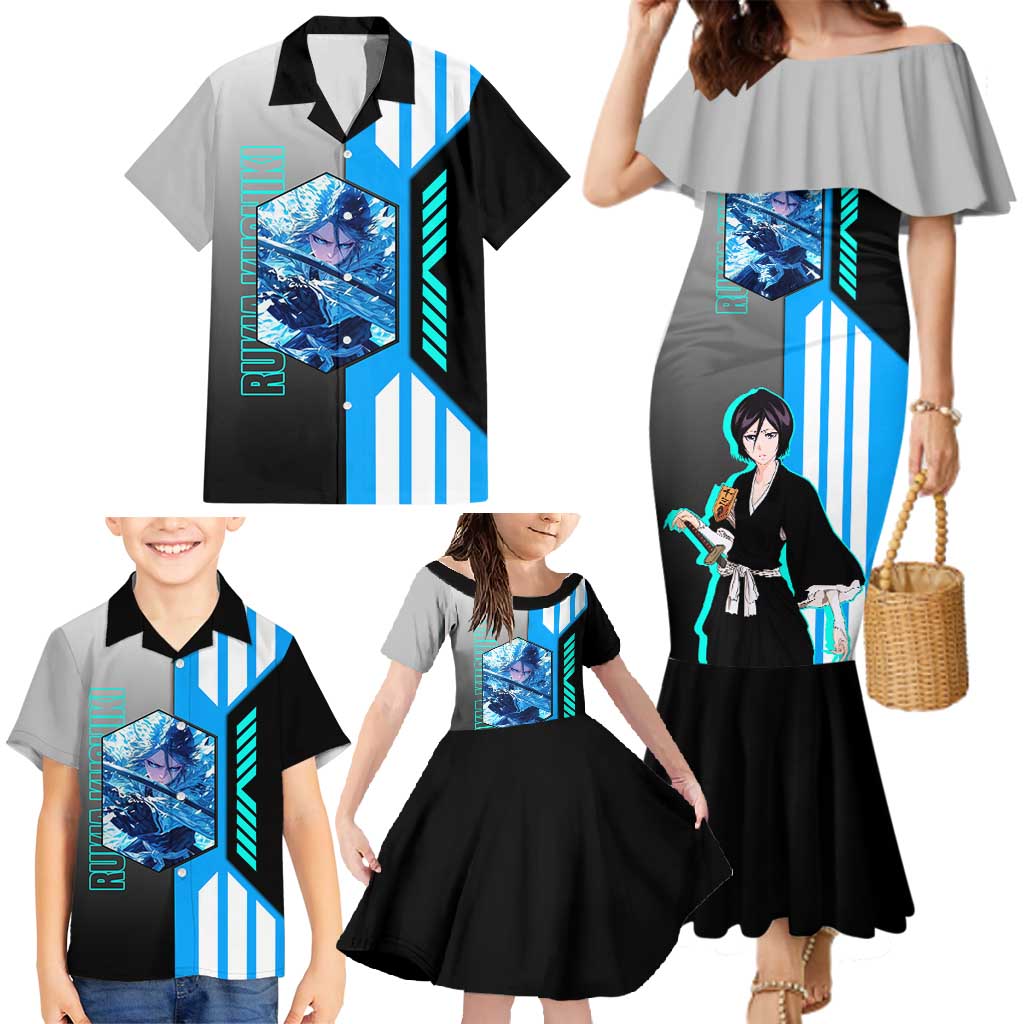 Rukia Kuchiki from Bleach Family Matching Mermaid Dress and Hawaiian Shirt with Sword and Ice Powers Pose Design - The Mazicc