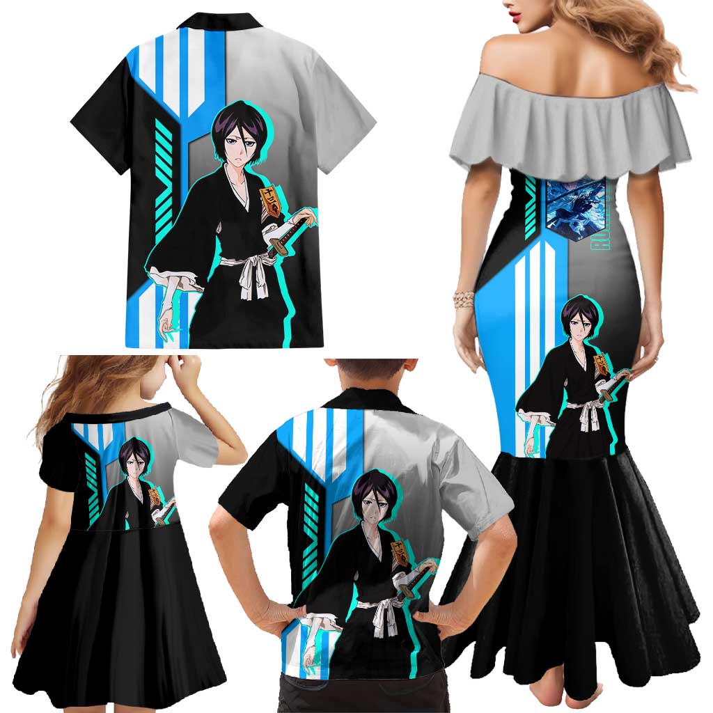 Rukia Kuchiki from Bleach Family Matching Mermaid Dress and Hawaiian Shirt with Sword and Ice Powers Pose Design - The Mazicc