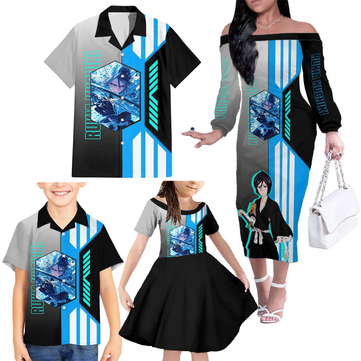 Rukia Kuchiki from Bleach Family Matching Off The Shoulder Long Sleeve Dress and Hawaiian Shirt with Sword and Ice Powers Pose Design - The Mazicc