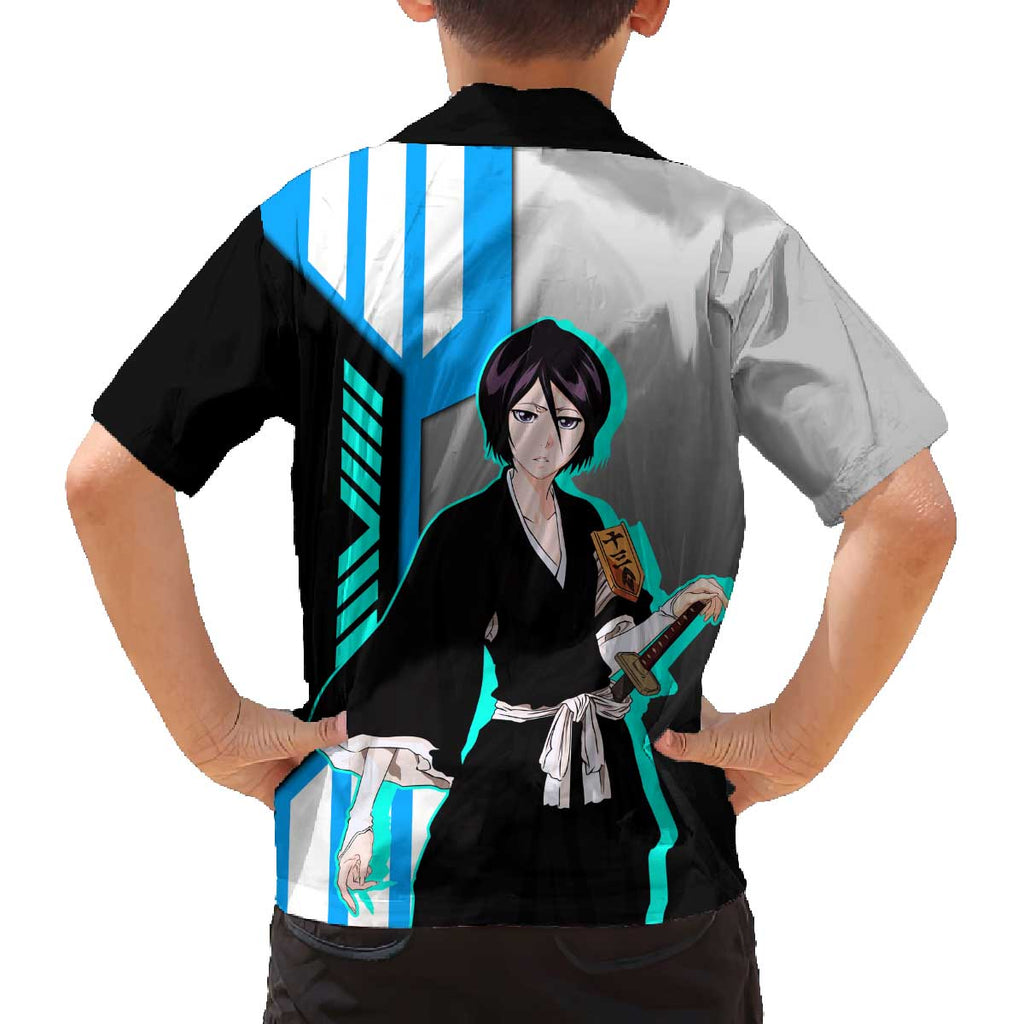 Rukia Kuchiki from Bleach Family Matching Off The Shoulder Long Sleeve Dress and Hawaiian Shirt with Sword and Ice Powers Pose Design - The Mazicc