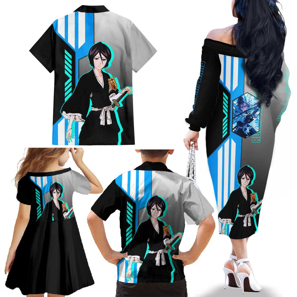 Rukia Kuchiki from Bleach Family Matching Off The Shoulder Long Sleeve Dress and Hawaiian Shirt with Sword and Ice Powers Pose Design - The Mazicc