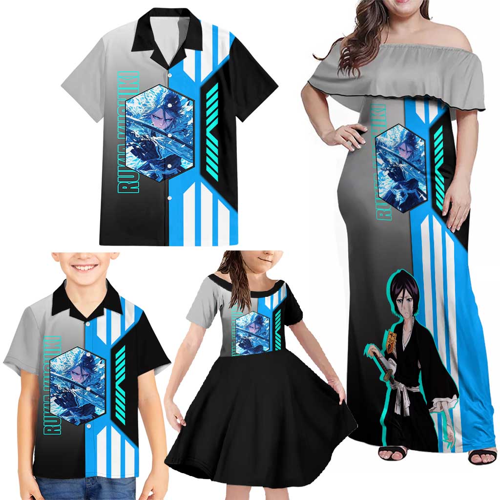 Rukia Kuchiki from Bleach Family Matching Off Shoulder Maxi Dress and Hawaiian Shirt with Sword and Ice Powers Pose Design - The Mazicc