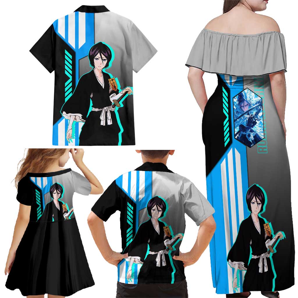 Rukia Kuchiki from Bleach Family Matching Off Shoulder Maxi Dress and Hawaiian Shirt with Sword and Ice Powers Pose Design - The Mazicc