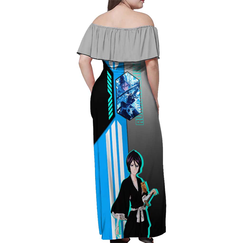 Rukia Kuchiki from Bleach Family Matching Off Shoulder Maxi Dress and Hawaiian Shirt with Sword and Ice Powers Pose Design - The Mazicc
