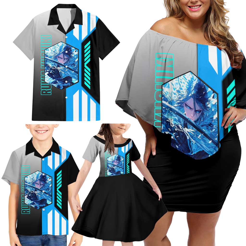 Rukia Kuchiki from Bleach Family Matching Off Shoulder Short Dress and Hawaiian Shirt with Sword and Ice Powers Pose Design - The Mazicc