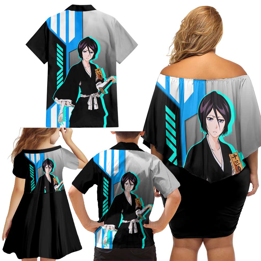 Rukia Kuchiki from Bleach Family Matching Off Shoulder Short Dress and Hawaiian Shirt with Sword and Ice Powers Pose Design - The Mazicc