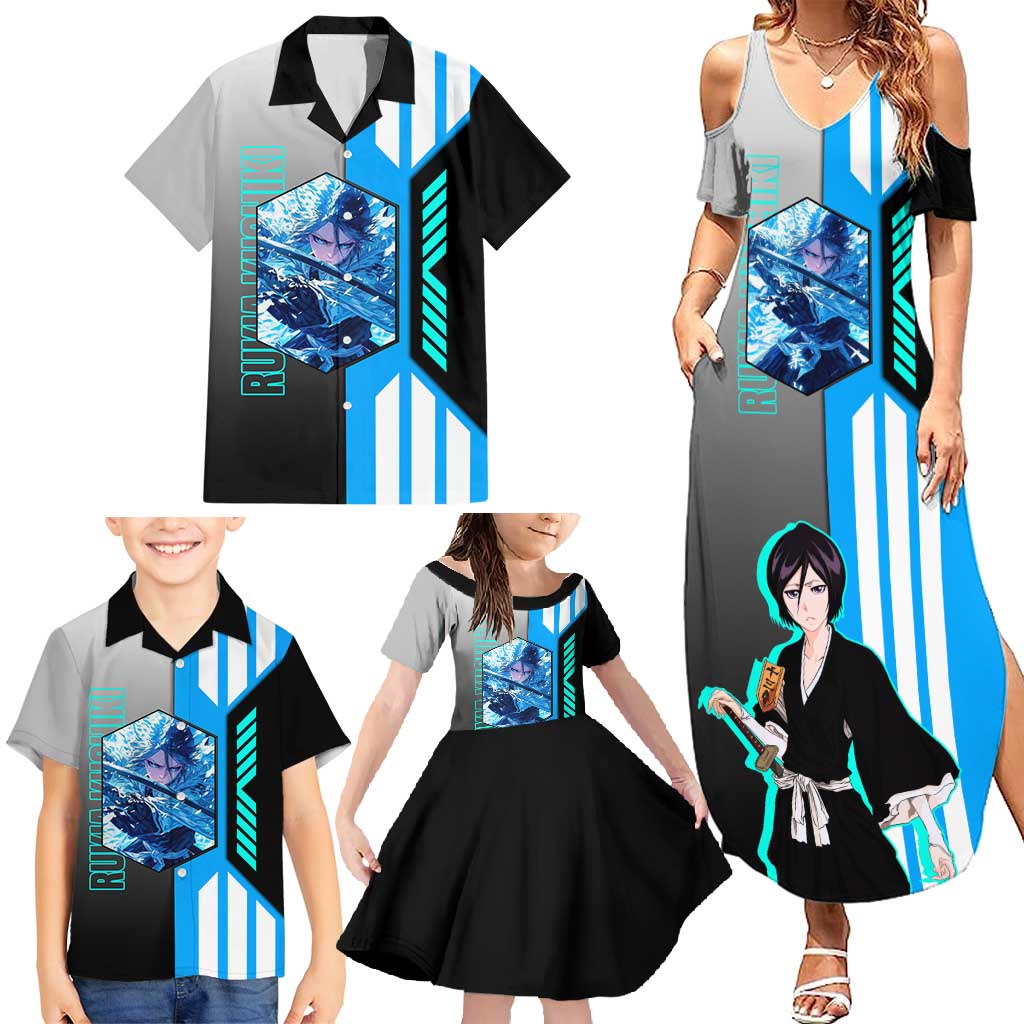 Rukia Kuchiki from Bleach Family Matching Summer Maxi Dress and Hawaiian Shirt with Sword and Ice Powers Pose Design - The Mazicc