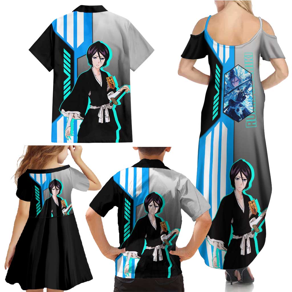 Rukia Kuchiki from Bleach Family Matching Summer Maxi Dress and Hawaiian Shirt with Sword and Ice Powers Pose Design - The Mazicc