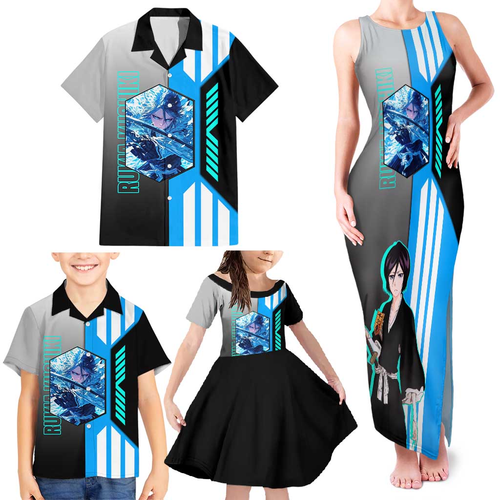 Rukia Kuchiki from Bleach Family Matching Tank Maxi Dress and Hawaiian Shirt with Sword and Ice Powers Pose Design - The Mazicc