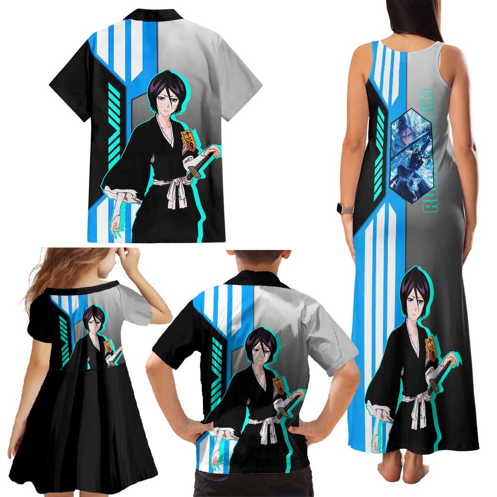 Rukia Kuchiki from Bleach Family Matching Tank Maxi Dress and Hawaiian Shirt with Sword and Ice Powers Pose Design - The Mazicc