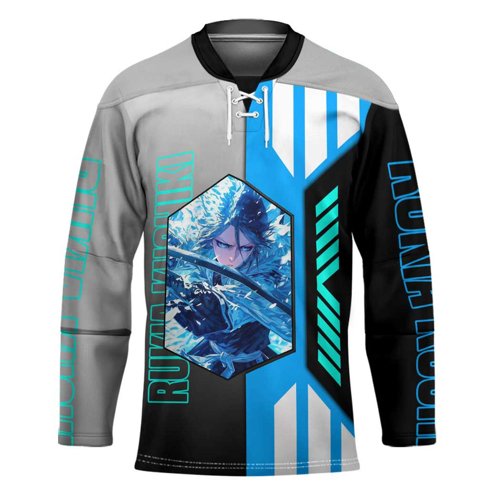 Rukia Kuchiki from Bleach Hockey Jersey with Sword and Ice Powers Pose Design - The Mazicc