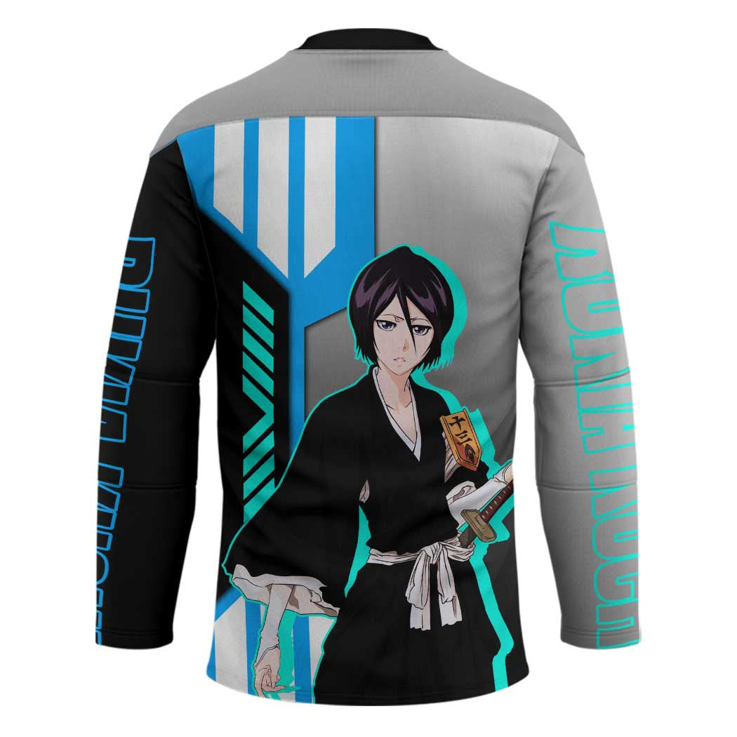 Rukia Kuchiki from Bleach Hockey Jersey with Sword and Ice Powers Pose Design - The Mazicc