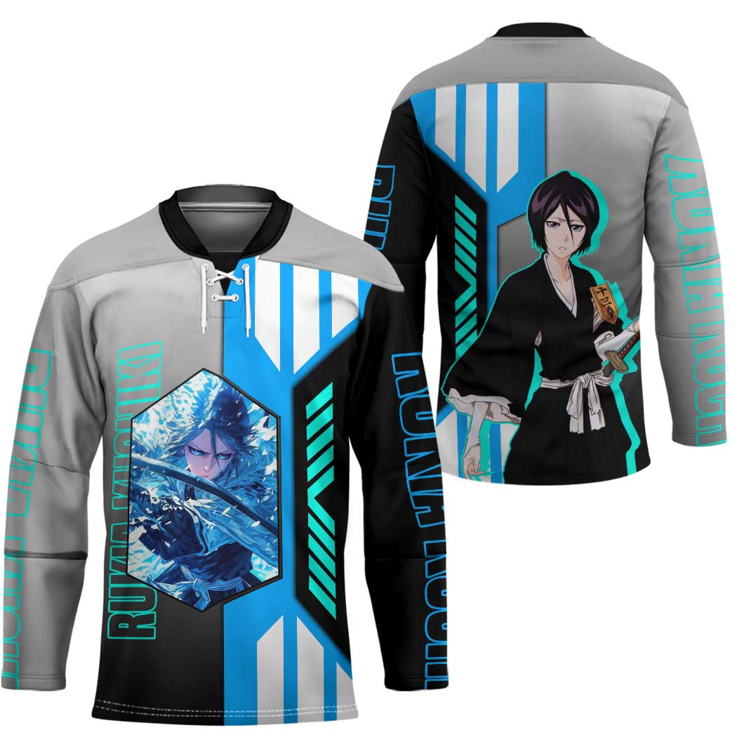 Rukia Kuchiki from Bleach Hockey Jersey with Sword and Ice Powers Pose Design - The Mazicc