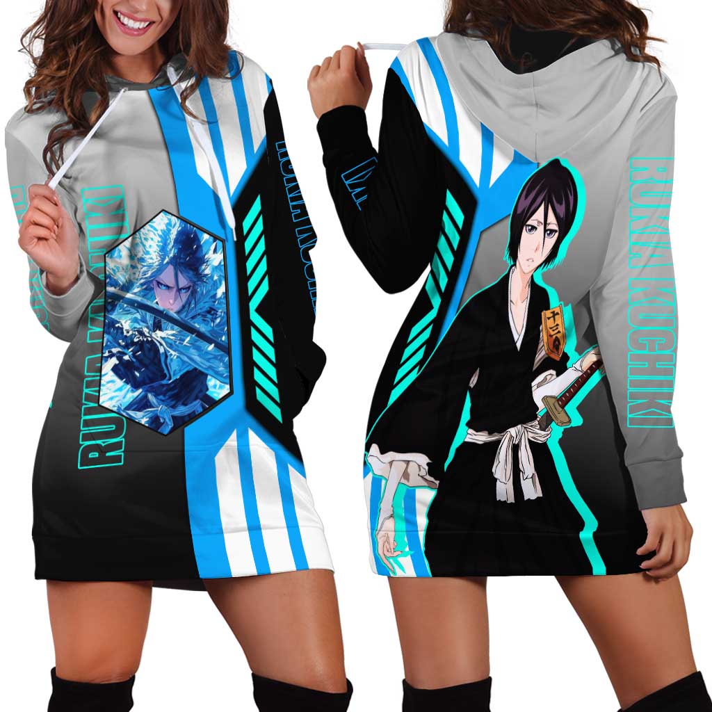 Rukia Kuchiki from Bleach Hoodie Dress with Sword and Ice Powers Pose Design - The Mazicc