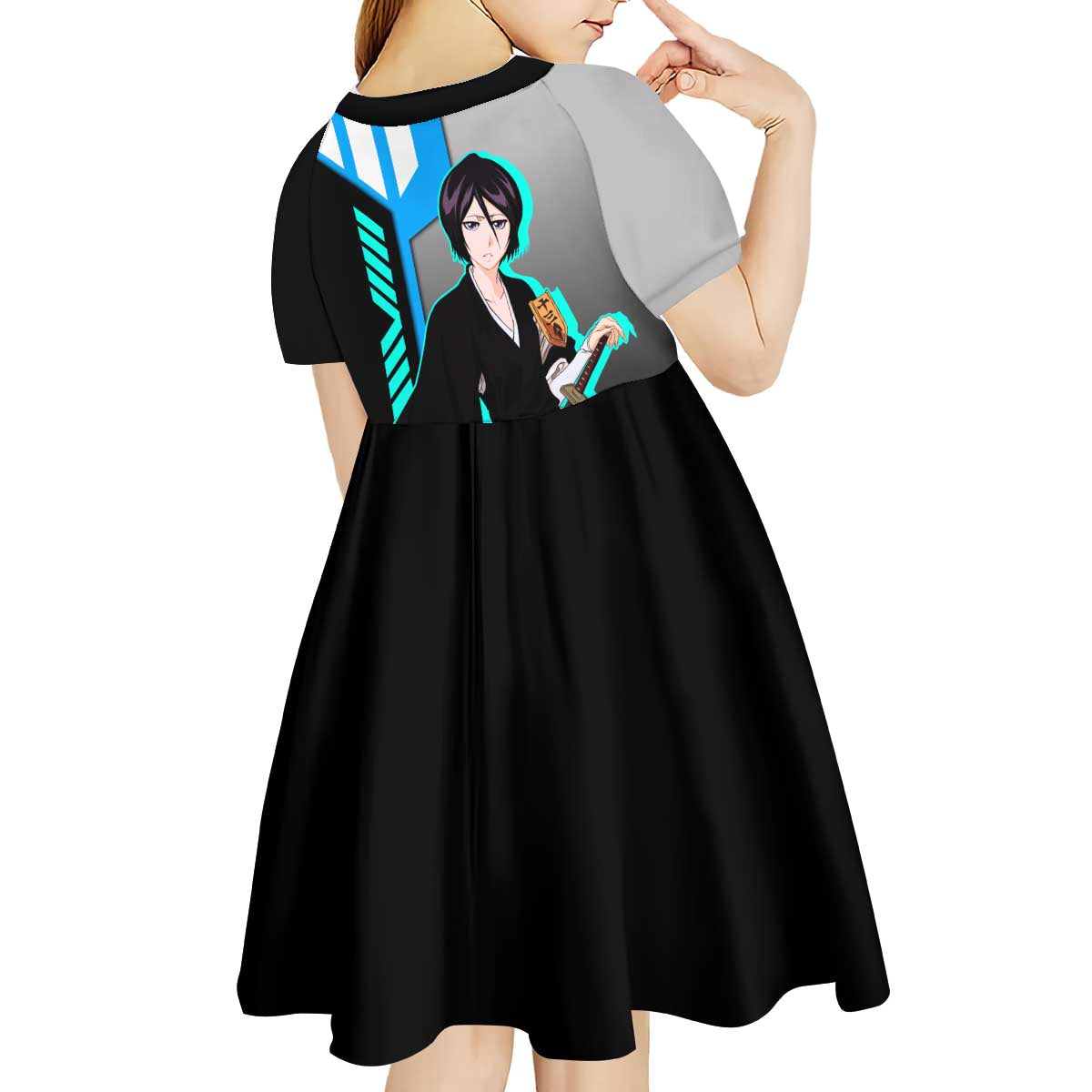Rukia Kuchiki from Bleach Kid Short Sleeve Dress with Sword and Ice Powers Pose Design - The Mazicc