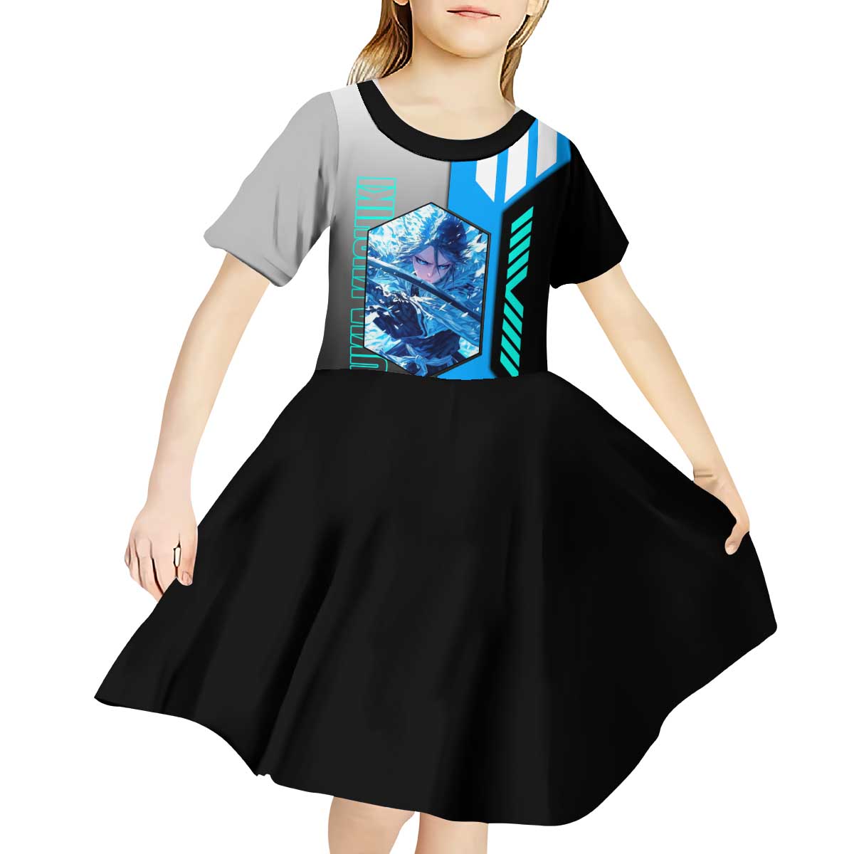 Rukia Kuchiki from Bleach Kid Short Sleeve Dress with Sword and Ice Powers Pose Design - The Mazicc