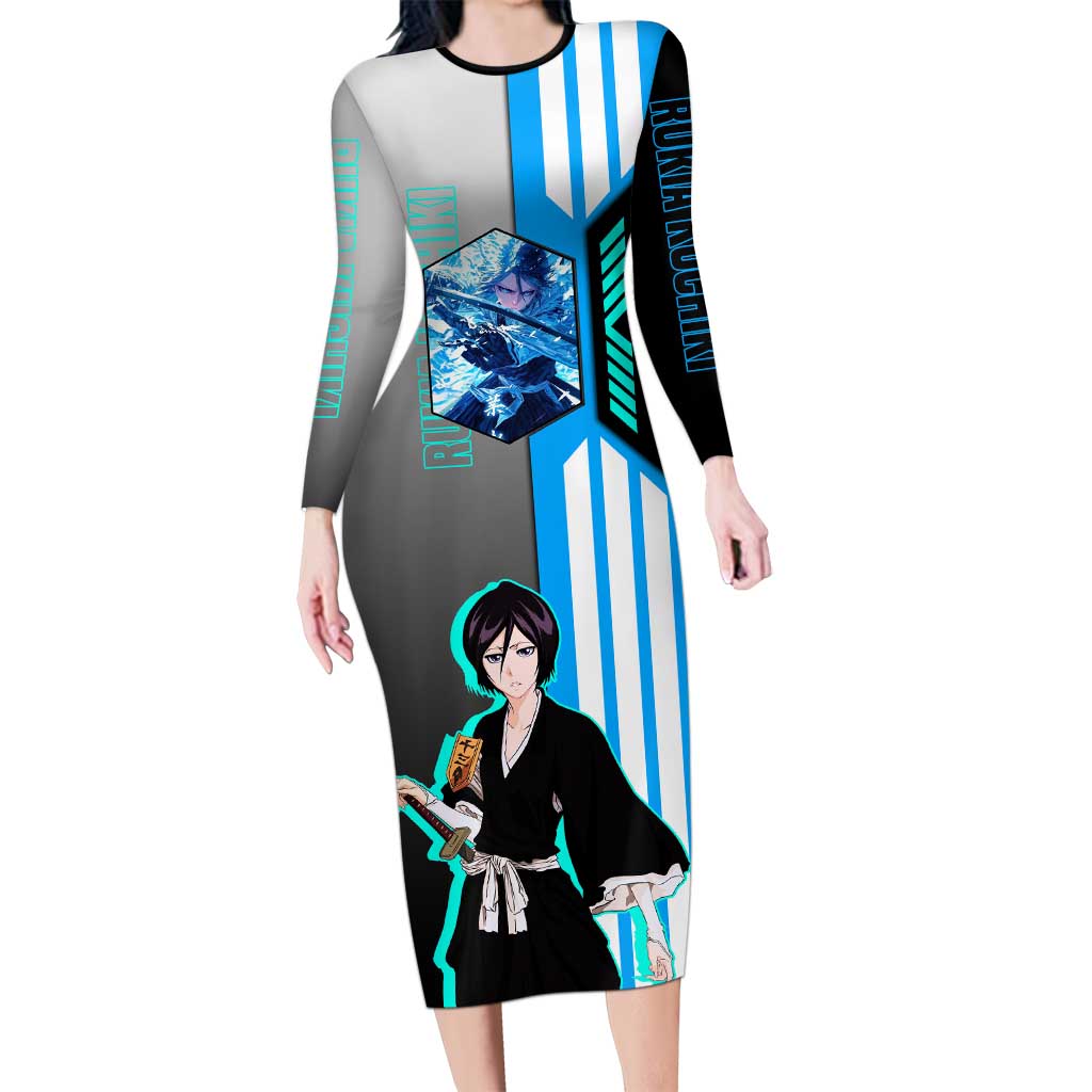 Rukia Kuchiki from Bleach Long Sleeve Bodycon Dress with Sword and Ice Powers Pose Design - The Mazicc