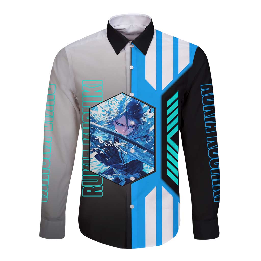 Rukia Kuchiki from Bleach Long Sleeve Button Shirt with Sword and Ice Powers Pose Design - The Mazicc