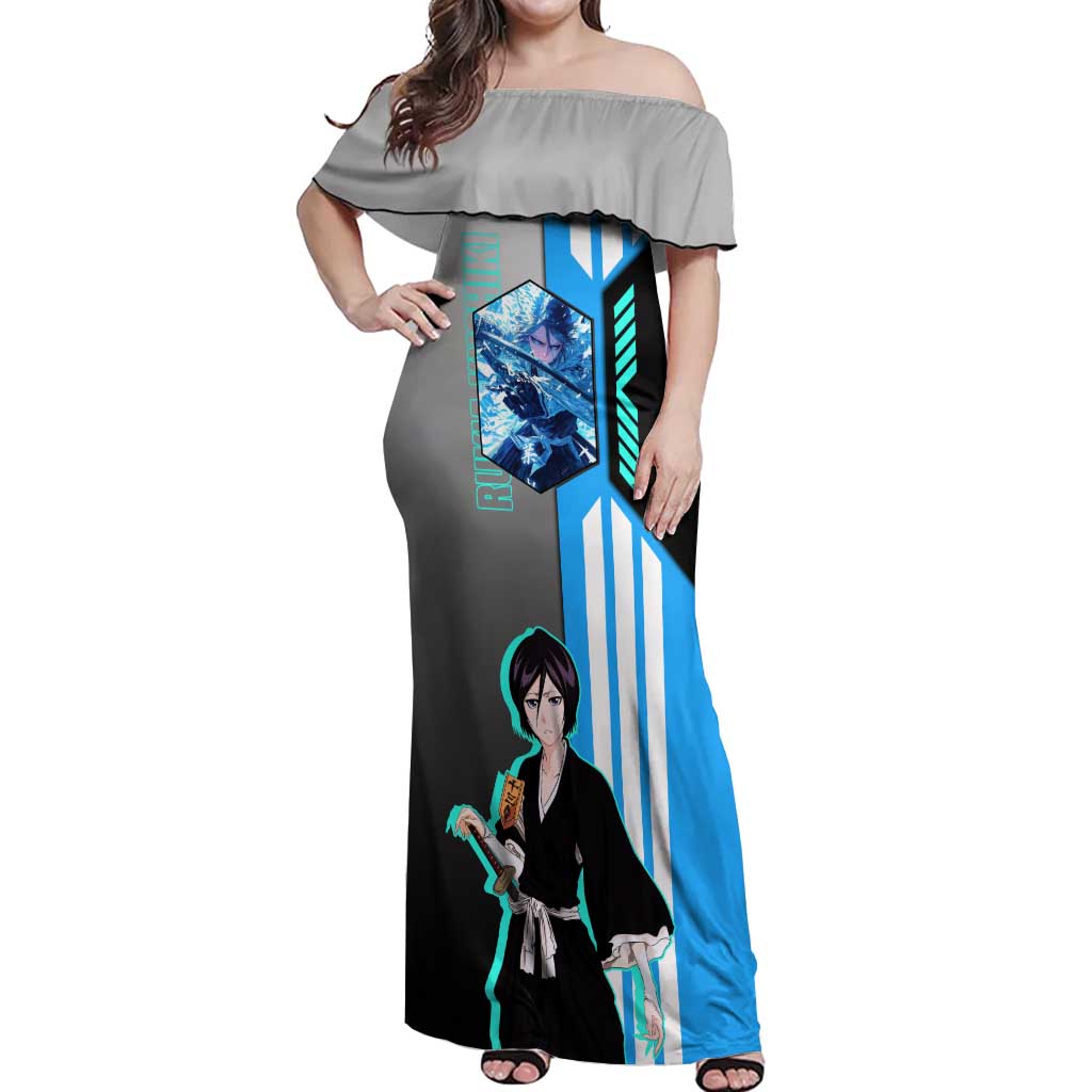Rukia Kuchiki from Bleach Off Shoulder Maxi Dress with Sword and Ice Powers Pose Design - The Mazicc