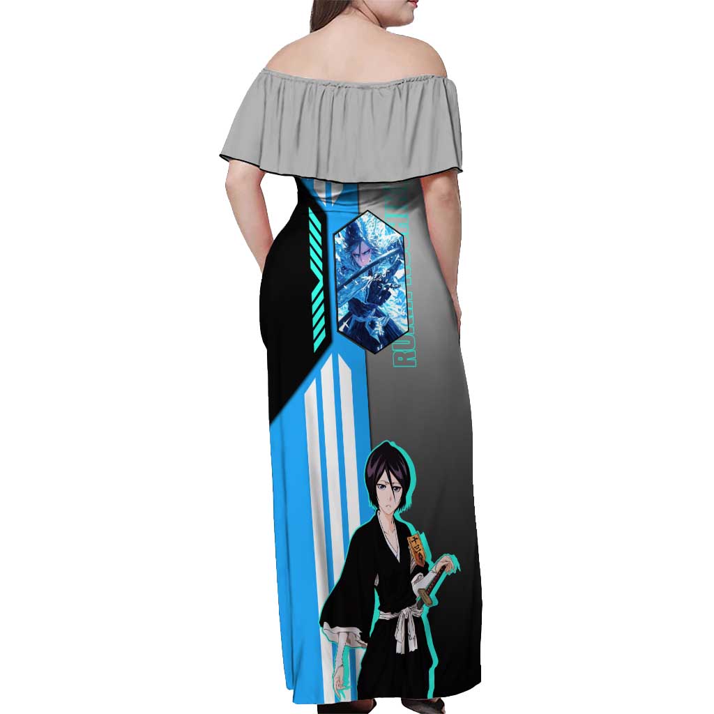 Rukia Kuchiki from Bleach Off Shoulder Maxi Dress with Sword and Ice Powers Pose Design - The Mazicc