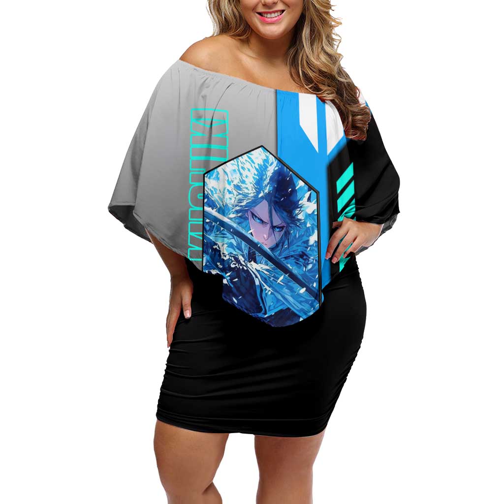 Rukia Kuchiki from Bleach Off Shoulder Short Dress with Sword and Ice Powers Pose Design - The Mazicc