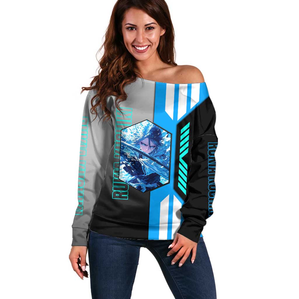 Rukia Kuchiki from Bleach Off Shoulder Sweater with Sword and Ice Powers Pose Design - The Mazicc