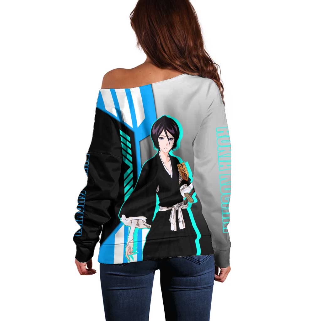Rukia Kuchiki from Bleach Off Shoulder Sweater with Sword and Ice Powers Pose Design - The Mazicc