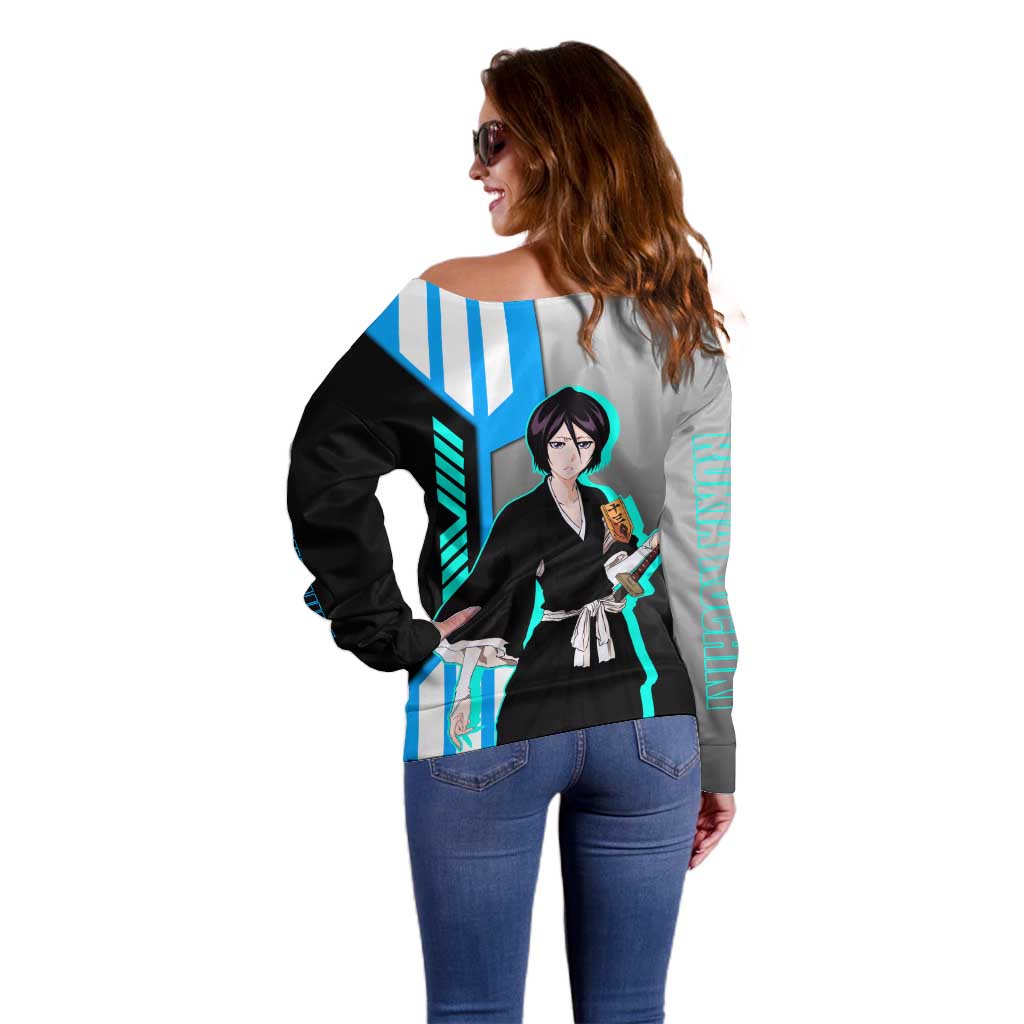 Rukia Kuchiki from Bleach Off Shoulder Sweater with Sword and Ice Powers Pose Design - The Mazicc