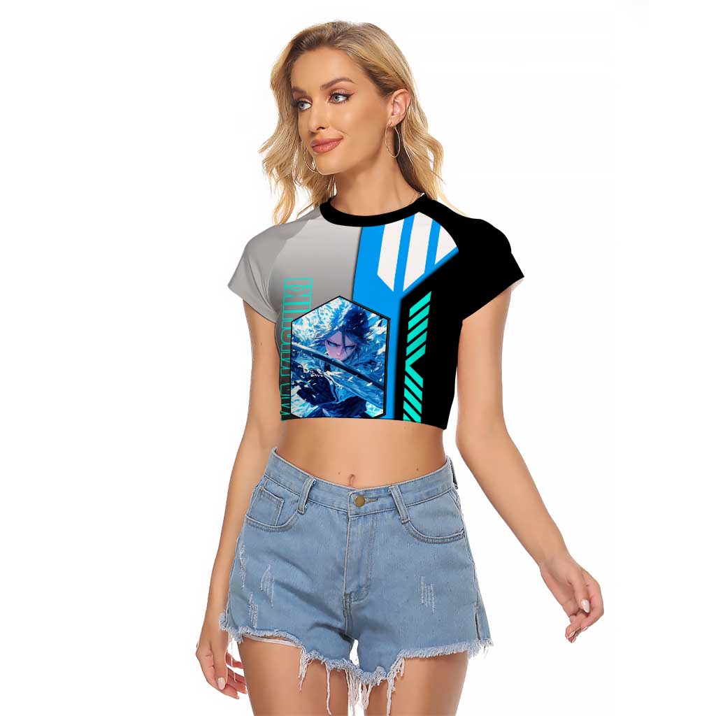 Rukia Kuchiki from Bleach Raglan Cropped T Shirt with Sword and Ice Powers Pose Design - The Mazicc