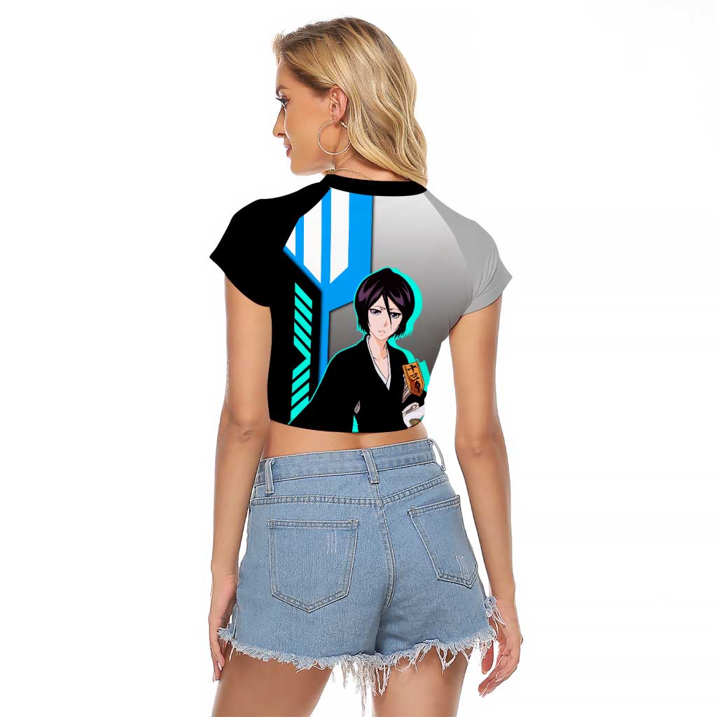 Rukia Kuchiki from Bleach Raglan Cropped T Shirt with Sword and Ice Powers Pose Design - The Mazicc