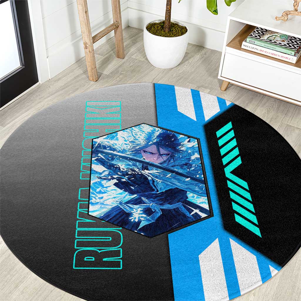 Rukia Kuchiki from Bleach Round Carpet with Sword and Ice Powers Pose Design - The Mazicc