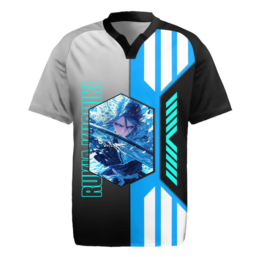 Rukia Kuchiki from Bleach Rugby Jersey with Sword and Ice Powers Pose Design - The Mazicc