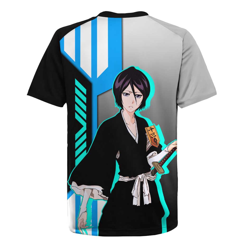 Rukia Kuchiki from Bleach Rugby Jersey with Sword and Ice Powers Pose Design - The Mazicc