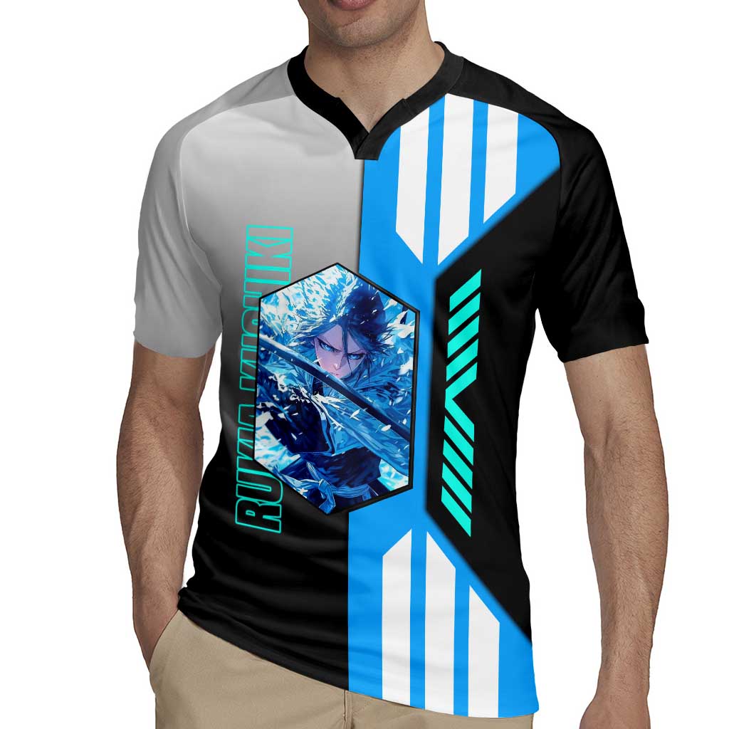 Rukia Kuchiki from Bleach Rugby Jersey with Sword and Ice Powers Pose Design - The Mazicc