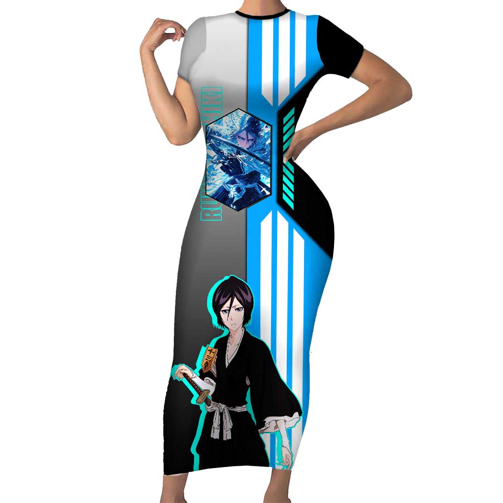Rukia Kuchiki from Bleach Short Sleeve Bodycon Dress with Sword and Ice Powers Pose Design - The Mazicc