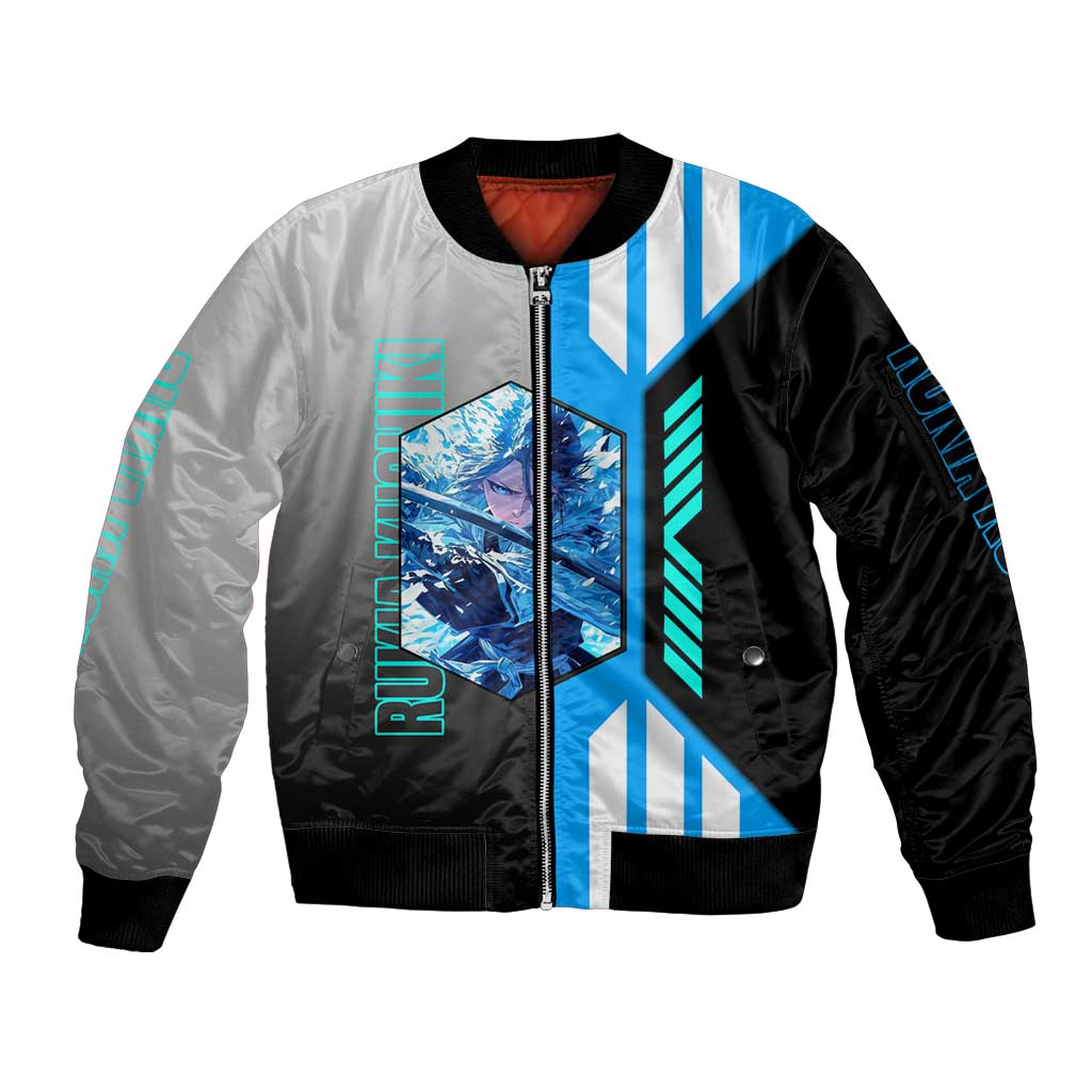Rukia Kuchiki from Bleach Sleeve Zip Bomber Jacket with Sword and Ice Powers Pose Design - The Mazicc