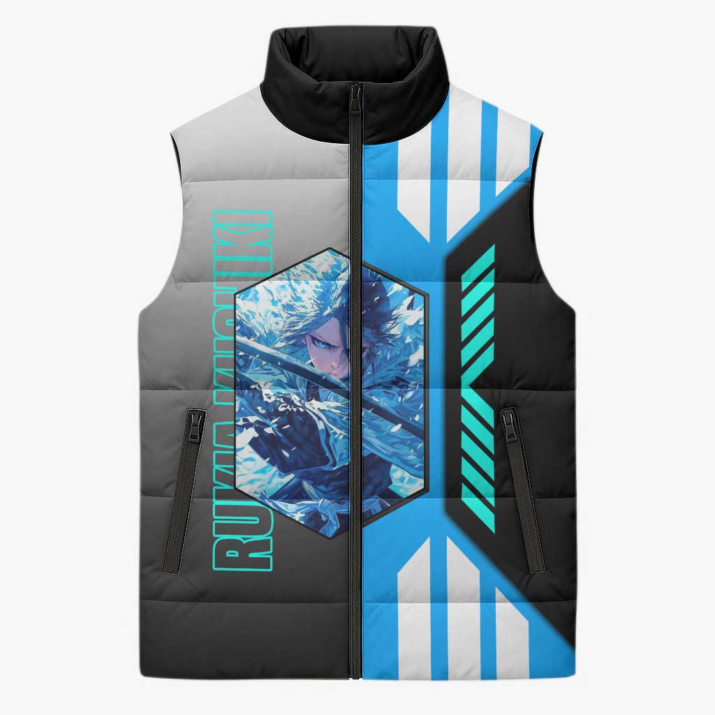 Rukia Kuchiki from Bleach Sleeveless Puffer Jacket with Sword and Ice Powers Pose Design - The Mazicc