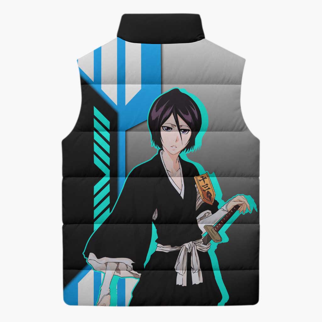 Rukia Kuchiki from Bleach Sleeveless Puffer Jacket with Sword and Ice Powers Pose Design - The Mazicc