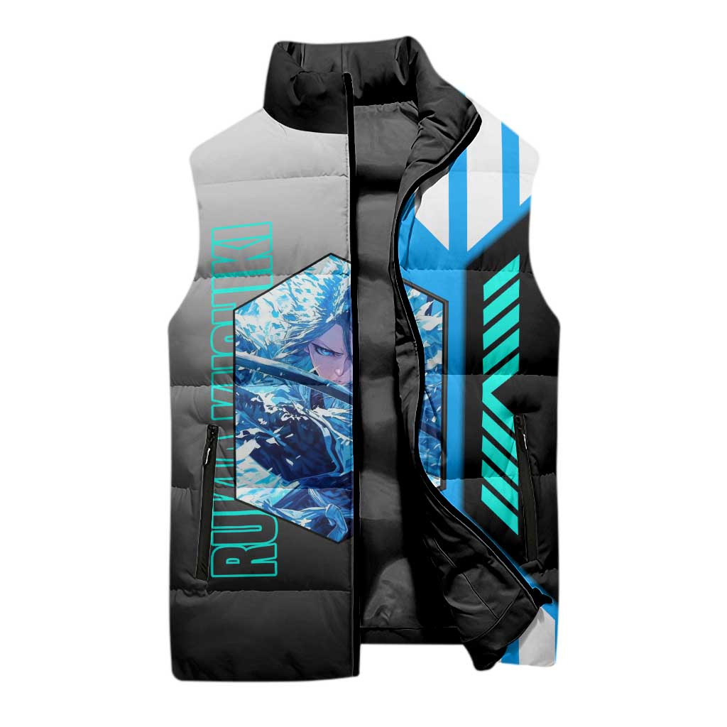 Rukia Kuchiki from Bleach Sleeveless Puffer Jacket with Sword and Ice Powers Pose Design - The Mazicc