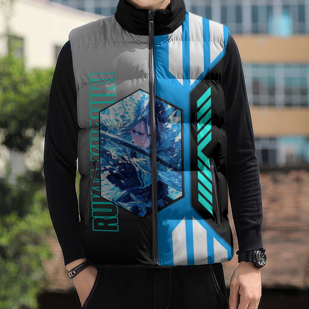 Rukia Kuchiki from Bleach Sleeveless Puffer Jacket with Sword and Ice Powers Pose Design - The Mazicc