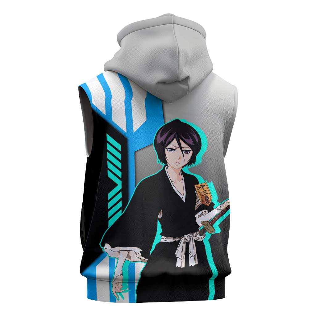 Rukia Kuchiki from Bleach Sleeveless Zip Hoodie with Sword and Ice Powers Pose Design - The Mazicc