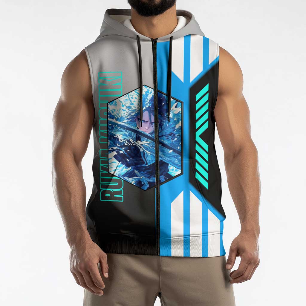 Rukia Kuchiki from Bleach Sleeveless Zip Hoodie with Sword and Ice Powers Pose Design - The Mazicc