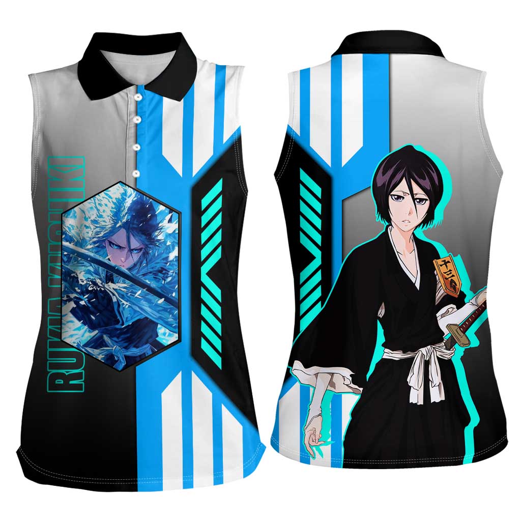 Rukia Kuchiki from Bleach Women Sleeveless Polo Shirt with Sword and Ice Powers Pose Design - The Mazicc