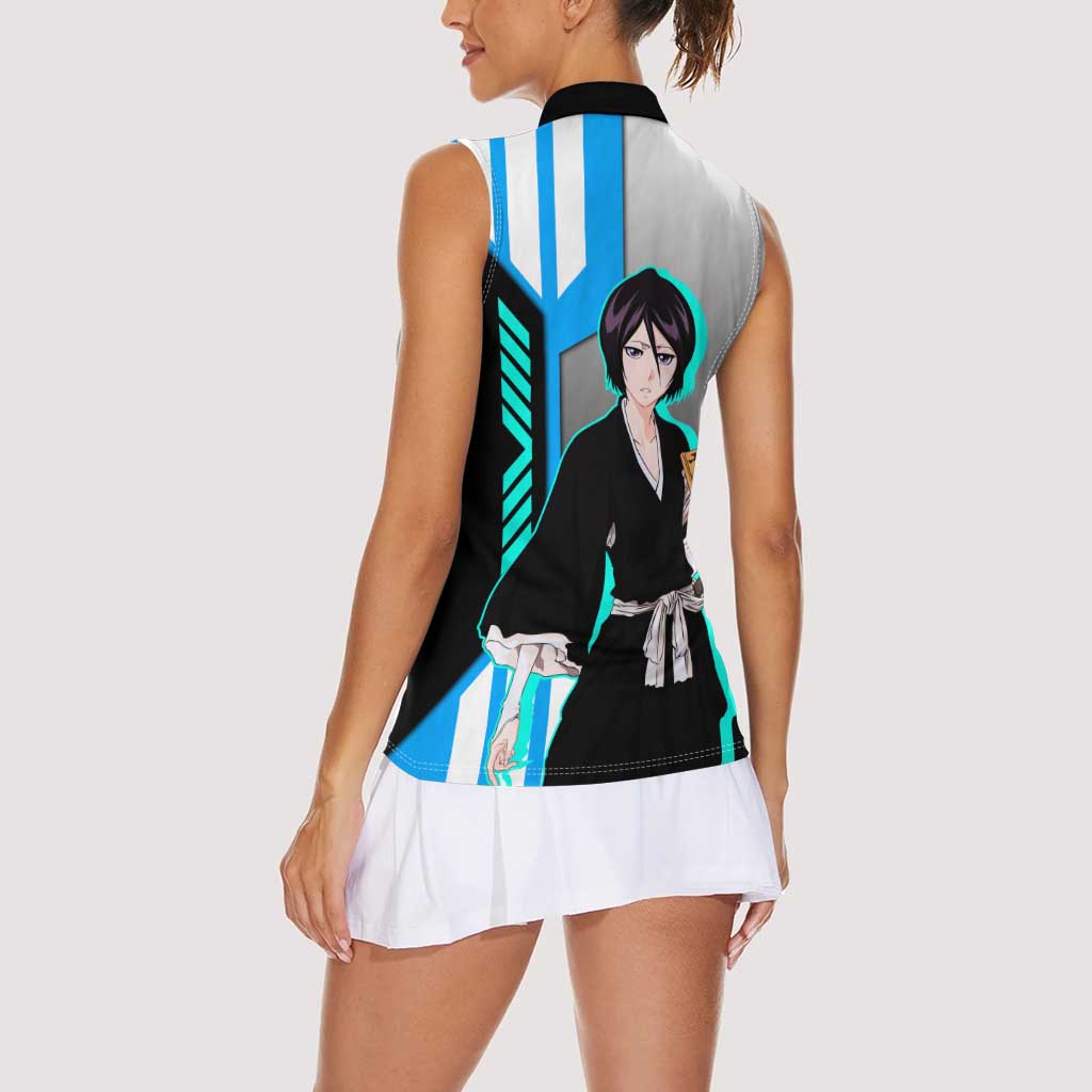 Rukia Kuchiki from Bleach Women Sleeveless Polo Shirt with Sword and Ice Powers Pose Design - The Mazicc