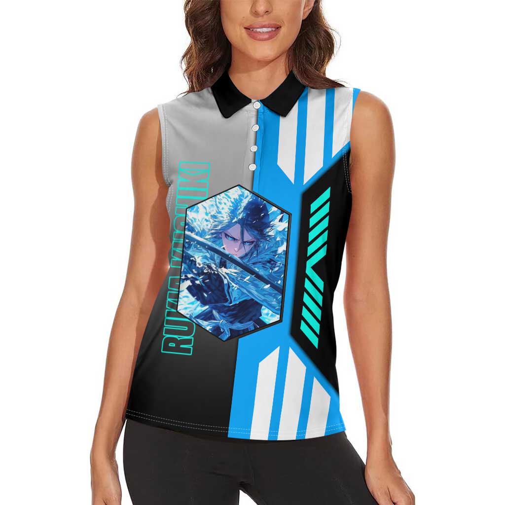 Rukia Kuchiki from Bleach Women Sleeveless Polo Shirt with Sword and Ice Powers Pose Design - The Mazicc