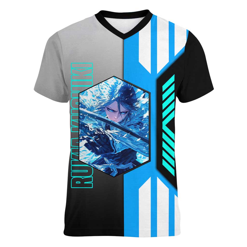 Rukia Kuchiki from Bleach Women V-Neck T-Shirt with Sword and Ice Powers Pose Design - The Mazicc