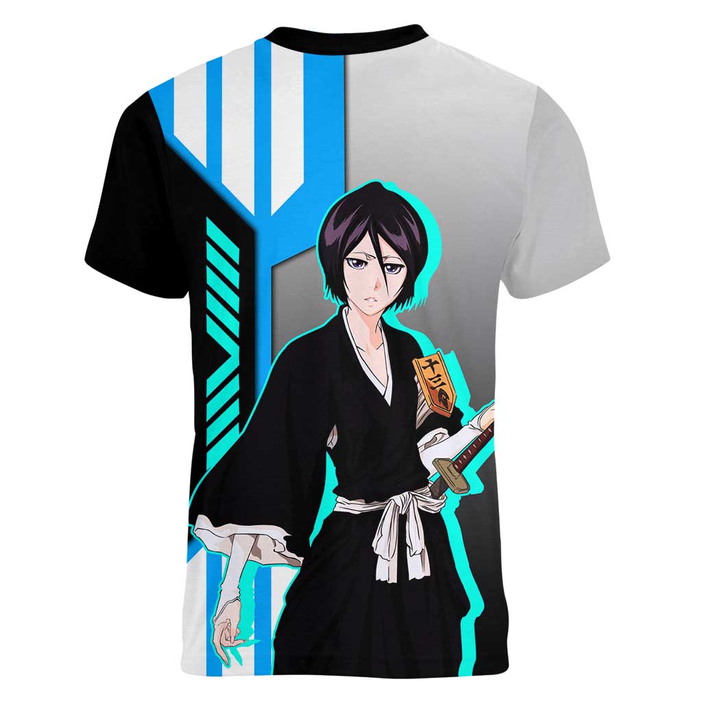 Rukia Kuchiki from Bleach Women V-Neck T-Shirt with Sword and Ice Powers Pose Design - The Mazicc