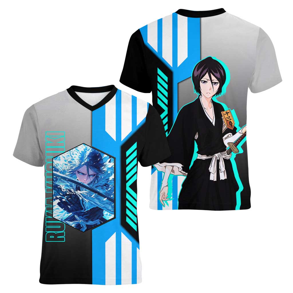 Rukia Kuchiki from Bleach Women V-Neck T-Shirt with Sword and Ice Powers Pose Design - The Mazicc