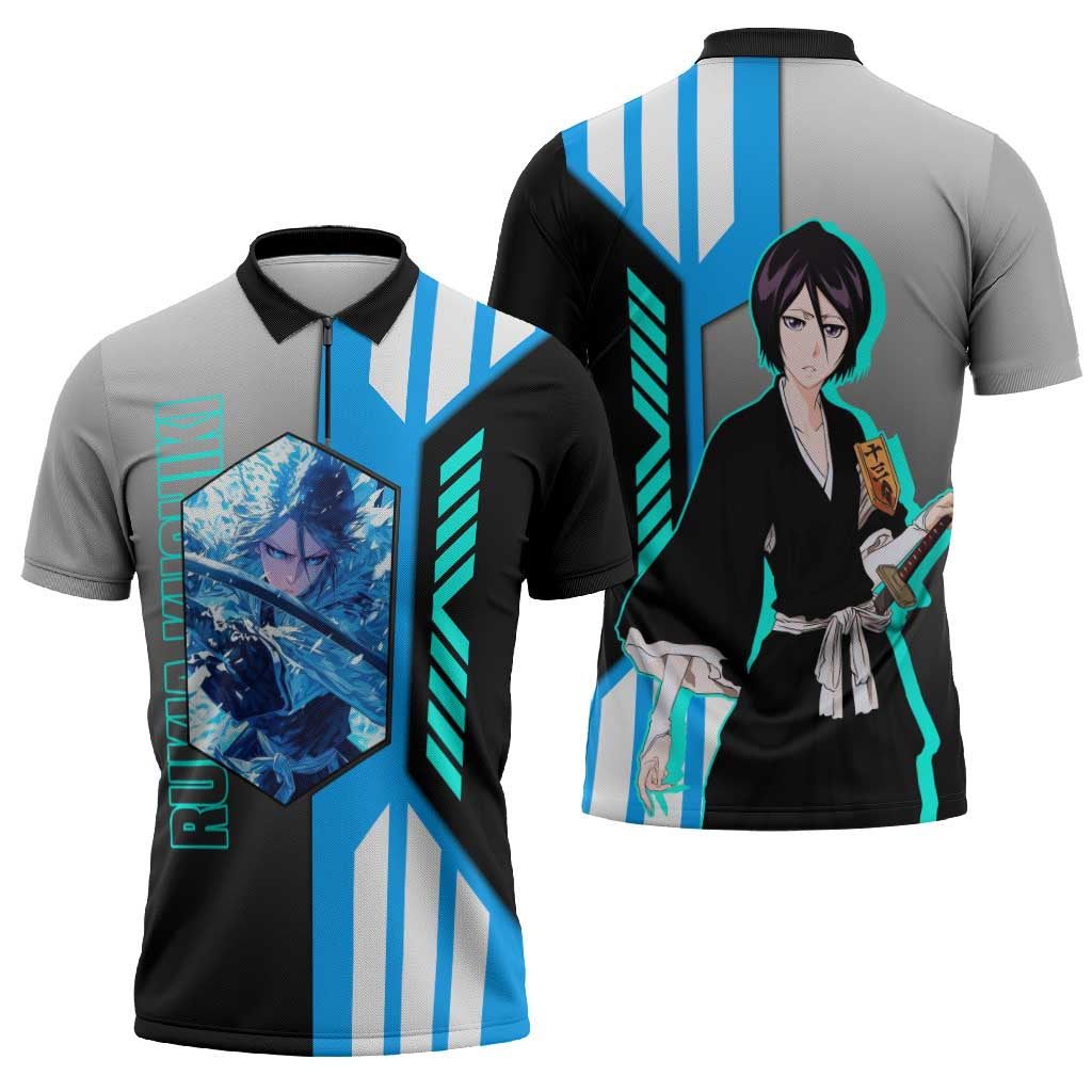 Rukia Kuchiki from Bleach Zipper Polo Shirt with Sword and Ice Powers Pose Design - The Mazicc